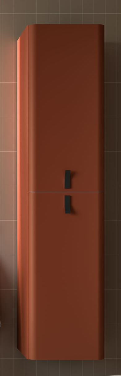 Project Retro Rood: een combinatie van een 80cm breed wastafelmeubel en een kolomkast in terracotta rood