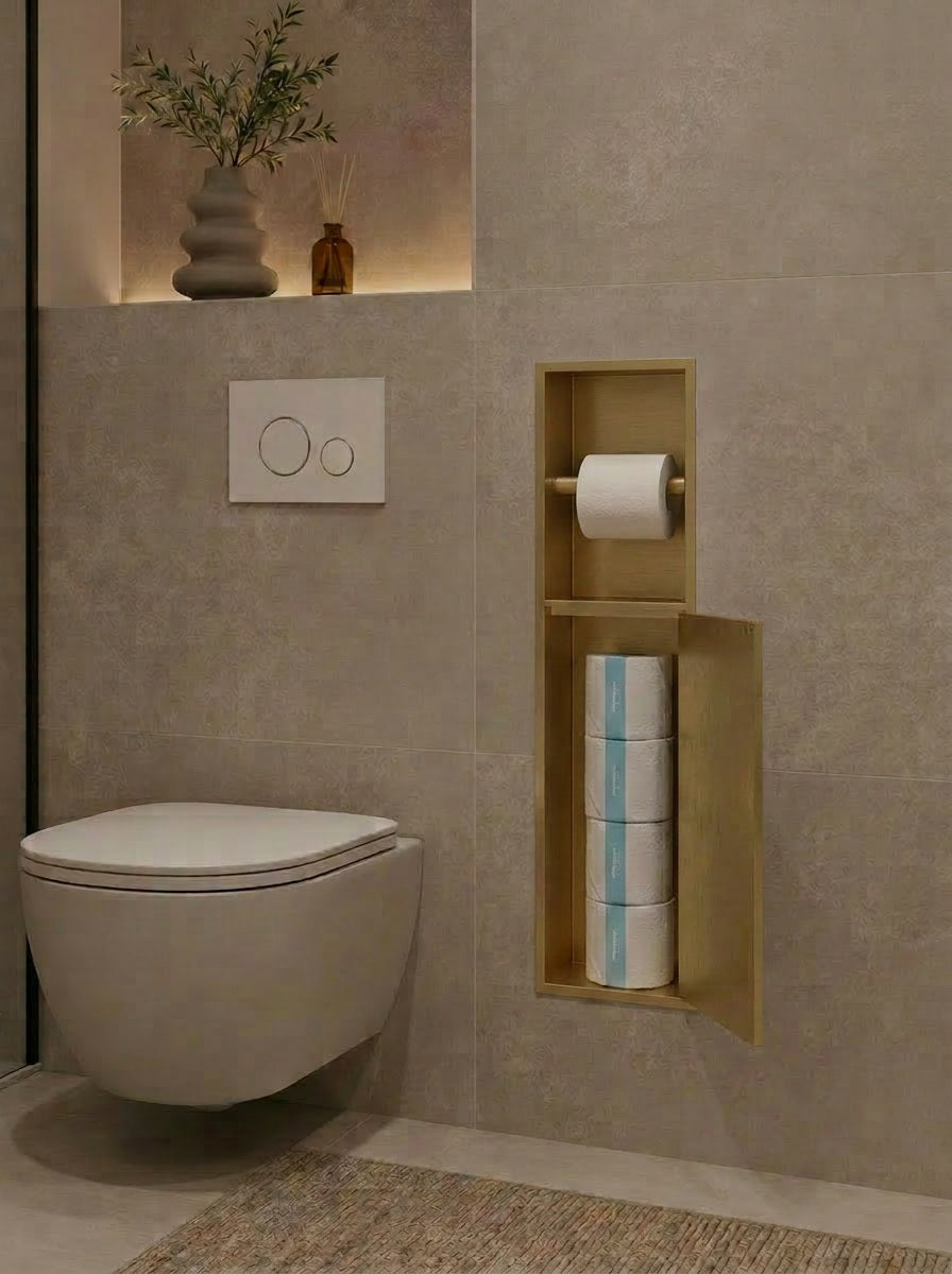 Badkamer inbouwnis 60x16x12cm Sanitado Industry toiletrolhouder en opbergkast in mat goud