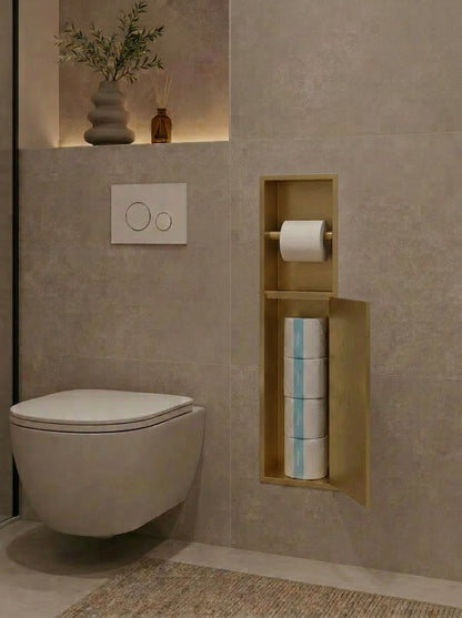 Badkamer inbouwnis 60x16x12cm Sanitado Industry toiletrolhouder en opbergkast in mat goud