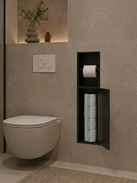 Badkamer inbouwnis 60x16x12cm Sanitado Industry toiletrolhouder en opbergkast in mat zwart