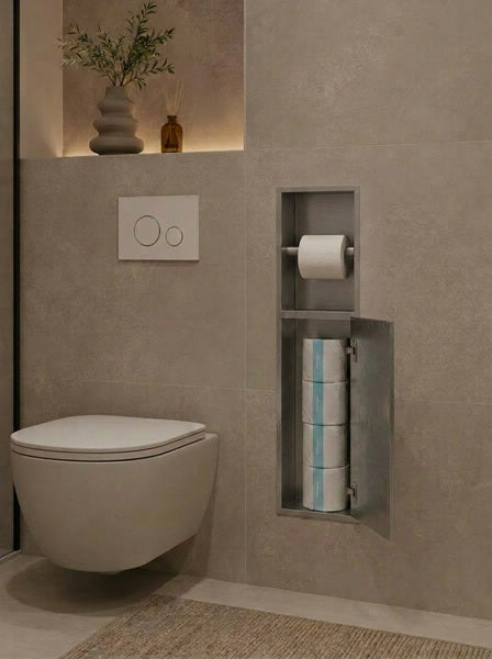 Badkamer inbouwnis 60x16x12cm Sanitado Industry toiletrolhouder en opbergkast in RVS