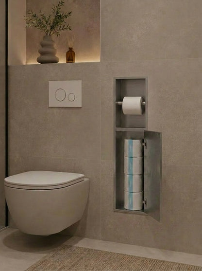 Badkamer inbouwnis 60x16x12cm Sanitado Industry toiletrolhouder en opbergkast in RVS