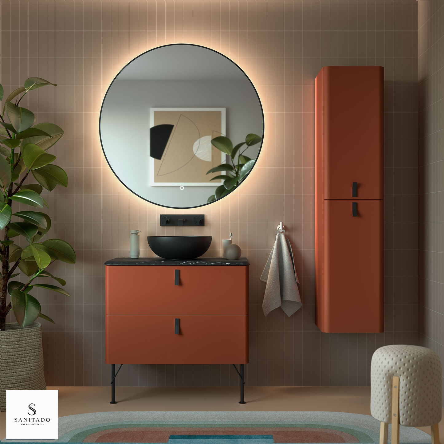 Project Retro Rood: een combinatie van een 80cm breed wastafelmeubel en een kolomkast in terracotta rood
