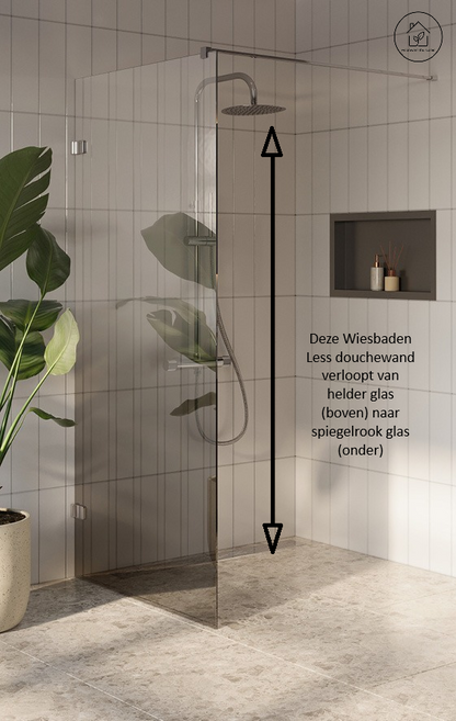 Inloopdouche Wiesbaden Less 90x200cm met mat wit beslag en 8mm glas spiegelrook naar helder rechts