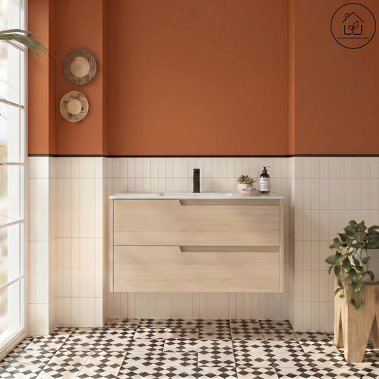 Wastafelkast Salgar Vima 100cm in sienna eiken met wastafelblad Ibon keramiek