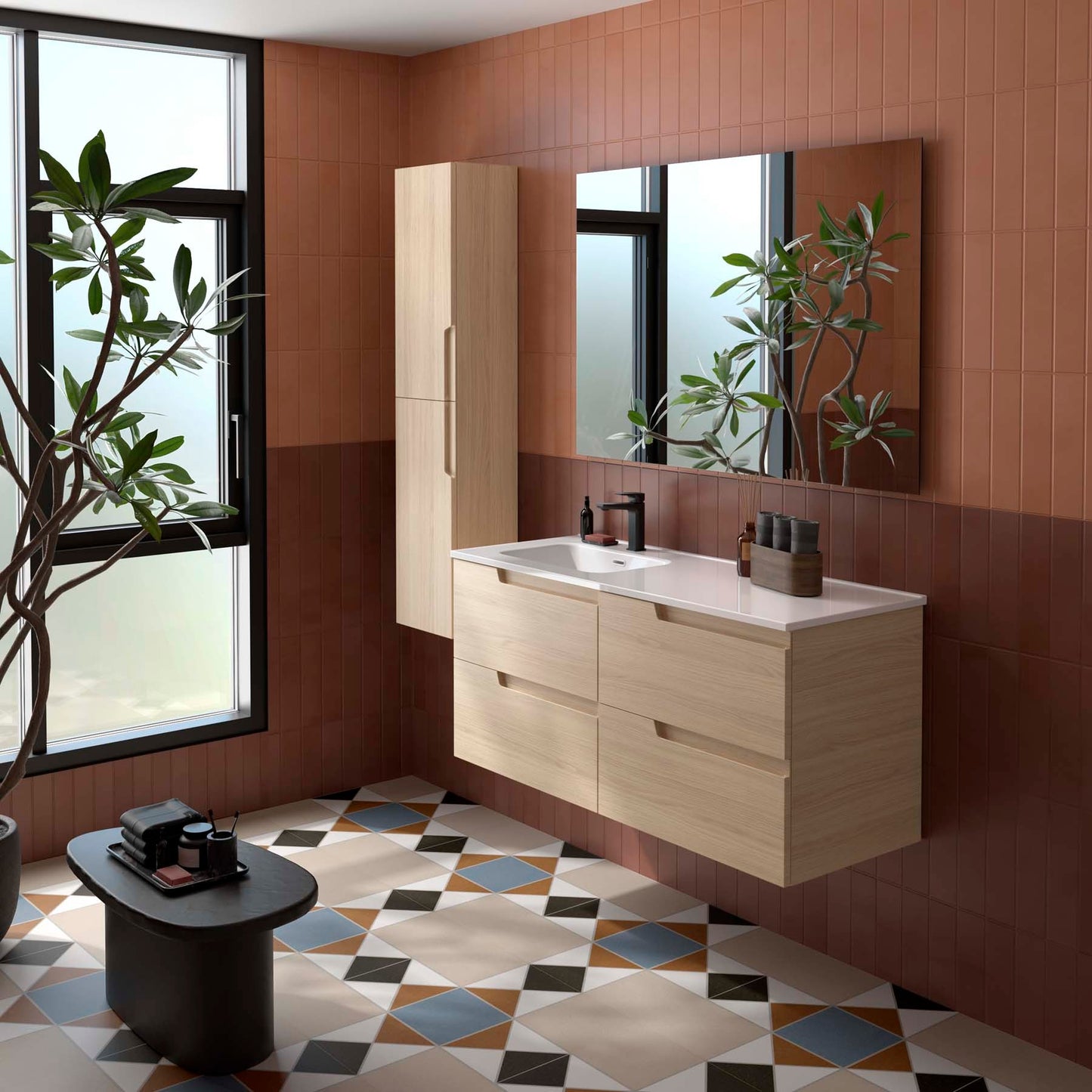 Wastafelkast Salgar Vima 120cm in sienna eiken met wastafelblad Ibon keramiek afleg rechts