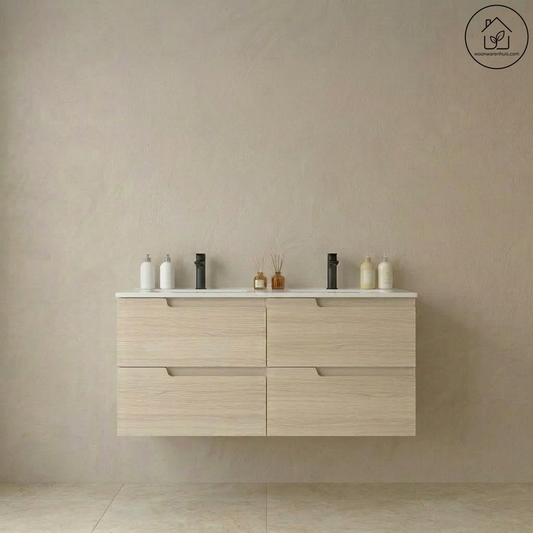 Wastafelkast Salgar Vima 120cm in sienna eiken met wastafelblad Ibon keramiek
