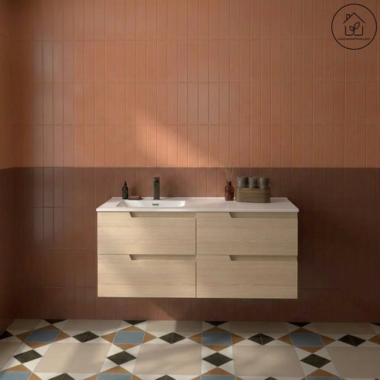 Wastafelkast Salgar Vima 120cm in sienna eiken met wastafelblad Ibon keramiek afleg rechts