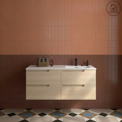 Wastafelkast Salgar Vima 120cm in sienna eiken met wastafelblad Ibon keramiek afleg links