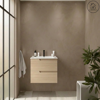 Wastafelkast Salgar Vima 60cm in sienna eiken met wastafelblad Ibon keramiek