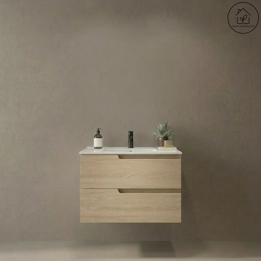 Wastafelkast Salgar Vima 80cm in sienna eiken met wastafelblad Ibon keramiek
