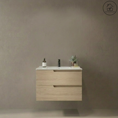 Wastafelkast Salgar Vima 80cm in sienna eiken met wastafelblad Ibon keramiek