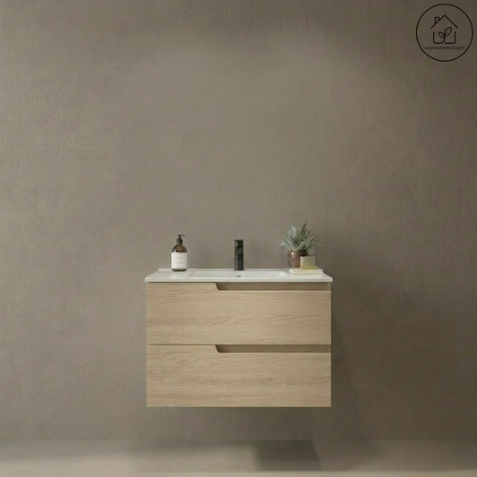 Wastafelkast Salgar Vima 80cm in sienna eiken met wastafelblad Ibon keramiek