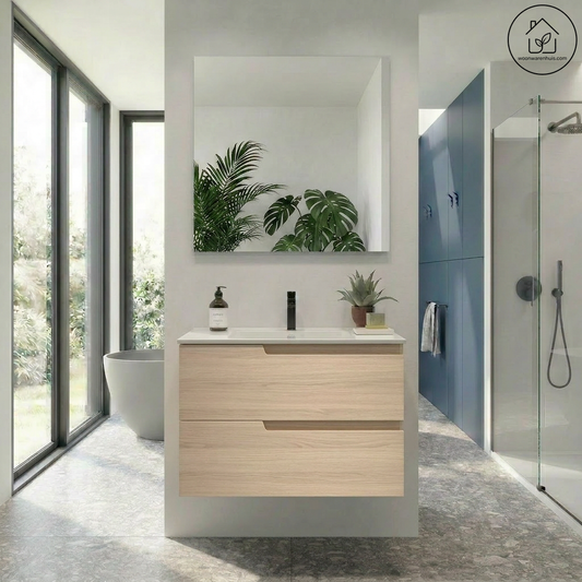 Wastafelkast Salgar Vima 80cm in sienna eiken met wastafelblad Ibon keramiek