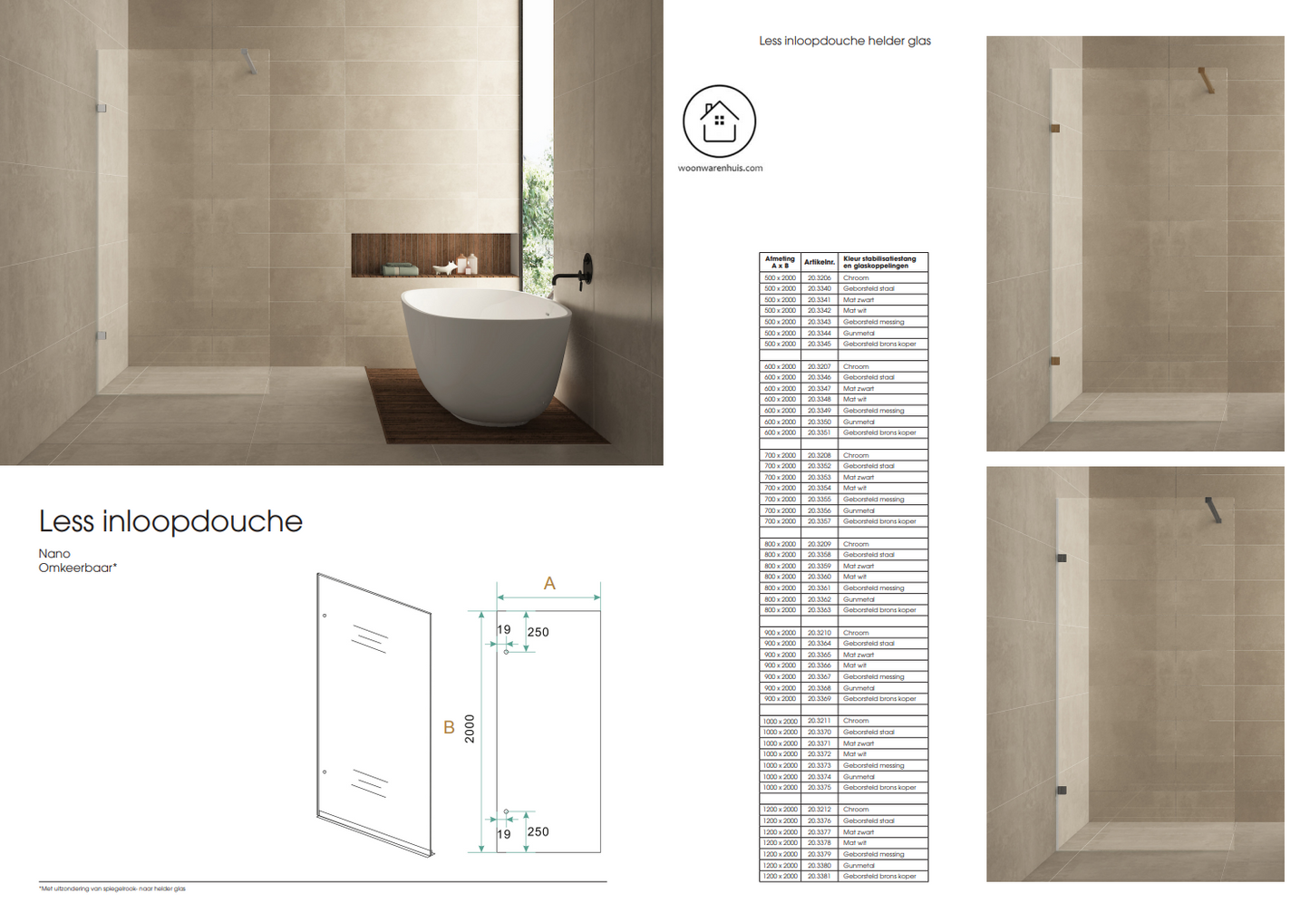 Inloopdouche Wiesbaden Less 60x200cm met gunmetal beslag en 8mm helder glas