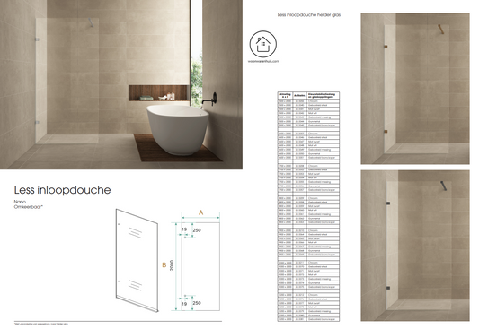 Inloopdouche Wiesbaden Less 60x200cm met gunmetal beslag en 8mm helder glas