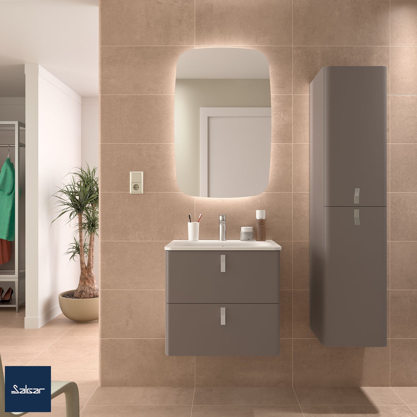 Badkamer meubelset Salgar Uniiq Castano 60cm in mat taupe - inclusief spiegel met LED verlichting