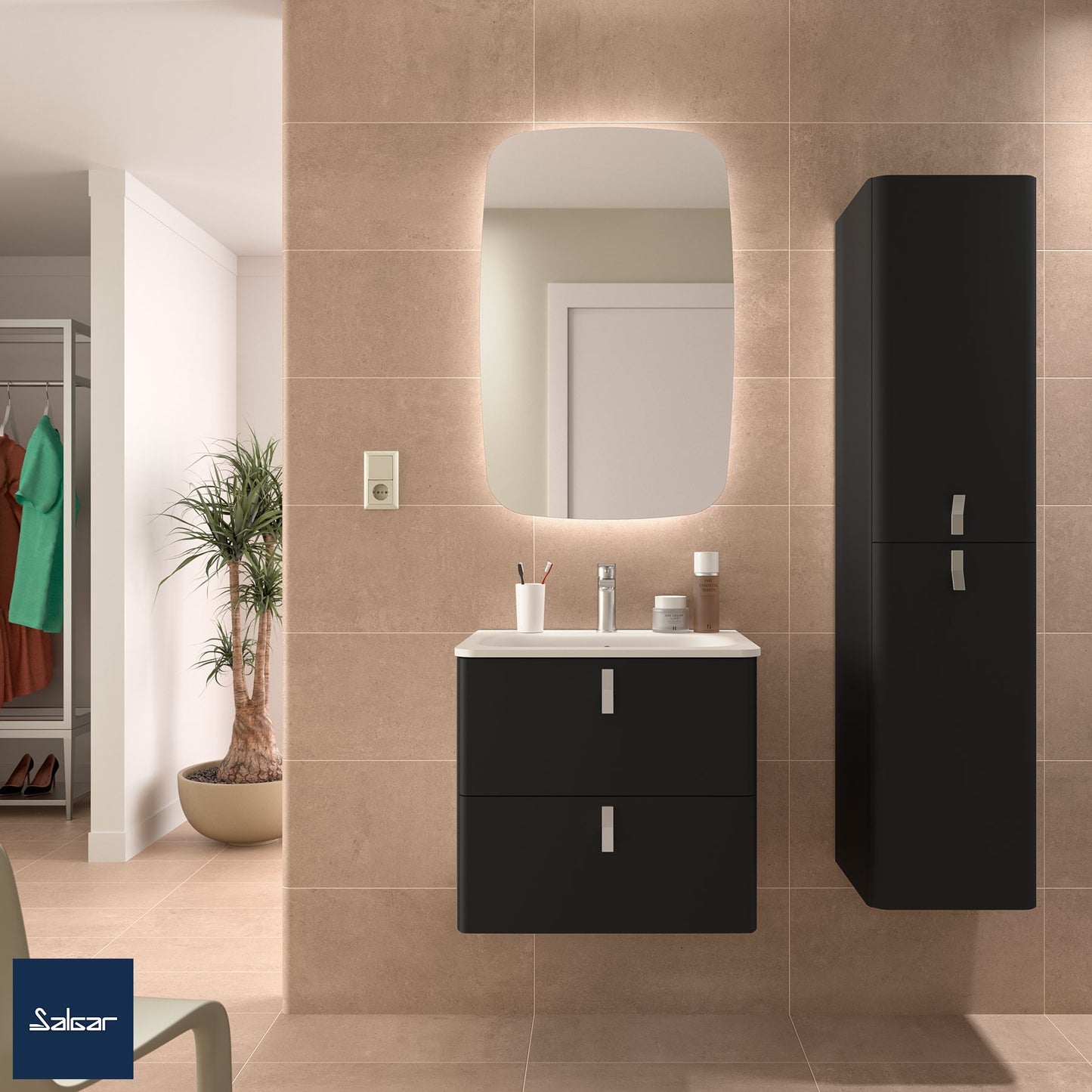 Badkamer meubelset Salgar Uniiq Soft black 60cm in mat zwart - inclusief spiegel met LED verlichting